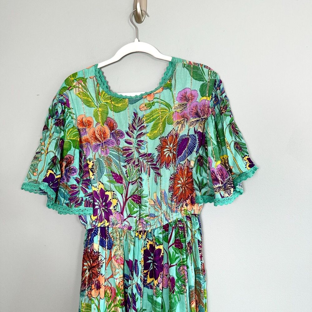 ME 2 Magic Boho Maxi Dress XL Green Floral Tiered Short Sleeve Boho Resortwear - Picture 4 of 14